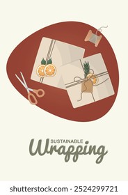 Sustainable Gift Wrapping with Natural Elements. A collection of sustainably wrapped gift boxes adorned with rustic paper, natural decorations, and twine, promoting a zero-waste holiday season