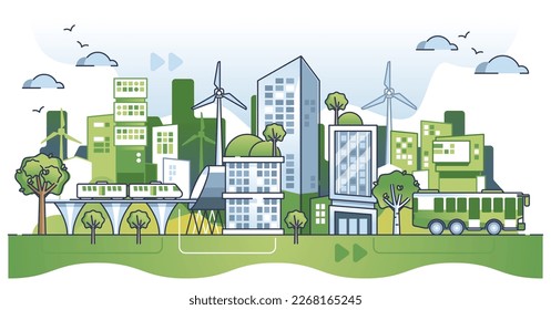 Ciudad verde sustentable con concepto de esquema de uso de energía alternativa y ecológica. Medio ambiente moderno futuro sin calentamiento global, contaminación por CO2 e ilustración de vectores de conciencia climática limpia.