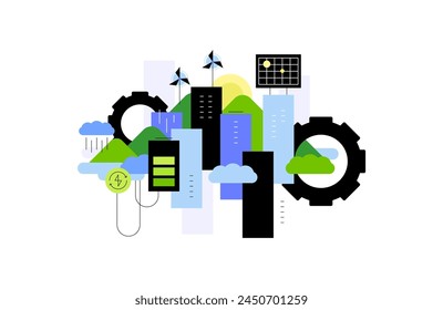 Sustainable green city and renewable energy sources. Infographic chart, flat illustration. Vector file.