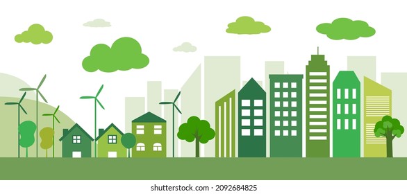 Sustainable green eco city landscape in flat design vector illustration.