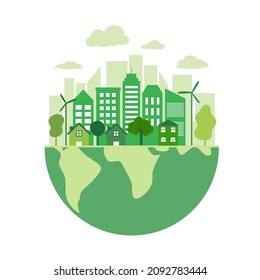 Sustainable Green Eco City On The Earth Planet In Flat Design Vector Illustration.