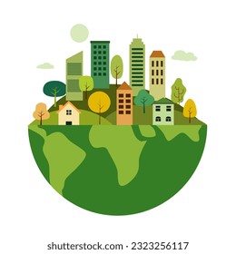 Sustainable green eco city on the earth planet in flat design vector illustration. 