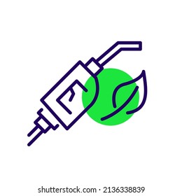 Sustainable green energy car fuel. Fuelling nozzle with a green leaf. Pixel perfect, editable stroke icon