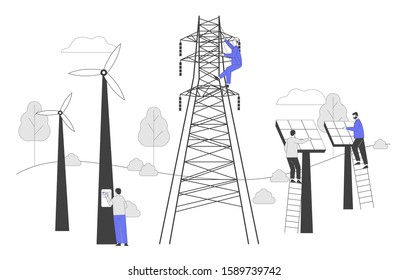 Sustainable Green Energy Development, Environmental and Ecology Protection Concept. New Technologies Integration into Human Life. Solar Panels Windmills Electric Tower. Flat Vector Illustration