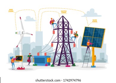 Sustainable Green Energy Development, Environmental and Ecology Protection Concept. New Technologies Integration, Solar Panels, Windmills, Electric Tower. Cartoon People Characters Vector Illustration