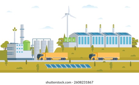 Sustainable Green Energy and Industry Vector Illustration Landscape with Hydropower Dam, Solar Panels, and Wind Turbines. Fully Editable and Modular Elements.