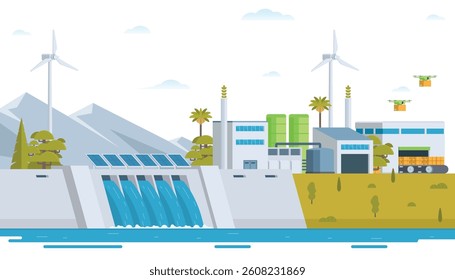 Sustainable Green Energy and Industry Vector Illustration Landscape with Hydropower Dam, Solar Panels, and Wind Turbines. Fully Editable and Modular Elements.