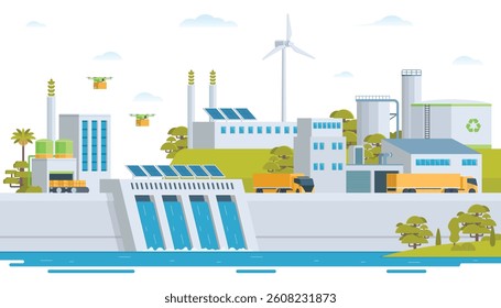 Sustainable Green Energy and Industry Vector Illustration Landscape with Hydropower Dam, Solar Panels, and Wind Turbines. Fully Editable and Modular Elements.