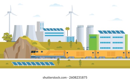 Sustainable Green Energy and Industry Vector Illustration Landscape with Hydropower Dam, Solar Panels, and Wind Turbines. Fully Editable and Modular Elements.