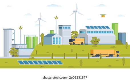 Sustainable Green Energy and Industry Vector Illustration Landscape with Hydropower Dam, Solar Panels, and Wind Turbines. Fully Editable and Modular Elements.