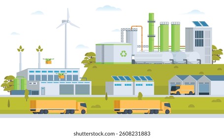 Sustainable Green Energy and Industry Vector Illustration Landscape with Hydropower Dam, Solar Panels, and Wind Turbines. Fully Editable and Modular Elements.