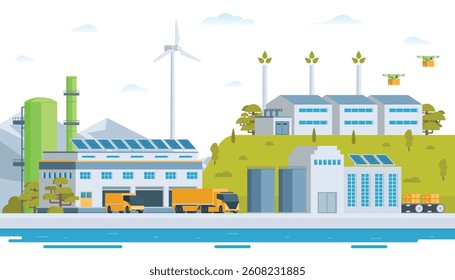 Sustainable Green Energy and Industry Vector Illustration Landscape with Hydropower Dam, Solar Panels, and Wind Turbines. Fully Editable and Modular Elements.