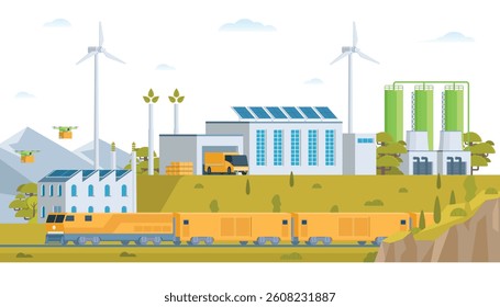 Sustainable Green Energy and Industry Vector Illustration Landscape with Hydropower Dam, Solar Panels, and Wind Turbines. Fully Editable and Modular Elements.