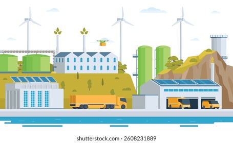 Sustainable Green Energy and Industry Vector Illustration Landscape with Hydropower Dam, Solar Panels, and Wind Turbines. Fully Editable and Modular Elements.