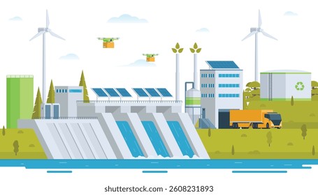 Sustainable Green Energy and Industry Vector Illustration Landscape with Hydropower Dam, Solar Panels, and Wind Turbines. Fully Editable and Modular Elements.