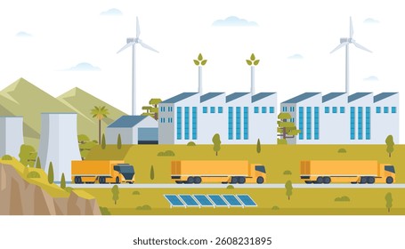 Sustainable Green Energy and Industry Vector Illustration Landscape with Hydropower Dam, Solar Panels, and Wind Turbines. Fully Editable and Modular Elements.