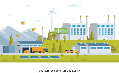 Sustainable Green Energy and Industry Vector Illustration Landscape with Hydropower Dam, Solar Panels, and Wind Turbines. Fully Editable and Modular Elements.