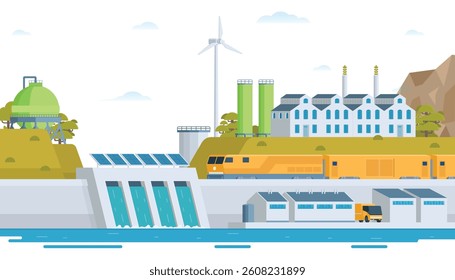 Sustainable Green Energy and Industry Vector Illustration Landscape with Hydropower Dam, Solar Panels, and Wind Turbines. Fully Editable and Modular Elements.