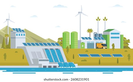 Sustainable Green Energy and Industry Vector Illustration Landscape with Hydropower Dam, Solar Panels, and Wind Turbines. Fully Editable and Modular Elements.