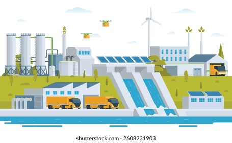 Sustainable Green Energy and Industry Vector Illustration Landscape with Hydropower Dam, Solar Panels, and Wind Turbines. Fully Editable and Modular Elements.