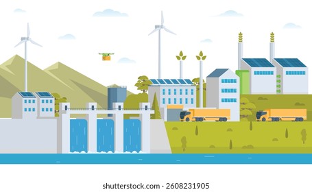 Sustainable Green Energy and Industry Vector Illustration Landscape with Hydropower Dam, Solar Panels, and Wind Turbines. Fully Editable and Modular Elements.