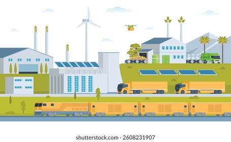 Sustainable Green Energy and Industry Vector Illustration Landscape with Hydropower Dam, Solar Panels, and Wind Turbines. Fully Editable and Modular Elements.