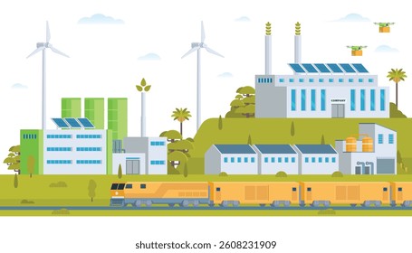 Sustainable Green Energy and Industry Vector Illustration Landscape with Hydropower Dam, Solar Panels, and Wind Turbines. Fully Editable and Modular Elements.