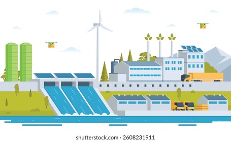 Sustainable Green Energy and Industry Vector Illustration Landscape with Hydropower Dam, Solar Panels, and Wind Turbines. Fully Editable and Modular Elements.