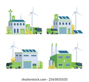 Sustainable Green Factory illustration. Vector bundle with Renewable Energy. Vector elements for city and industry illustration