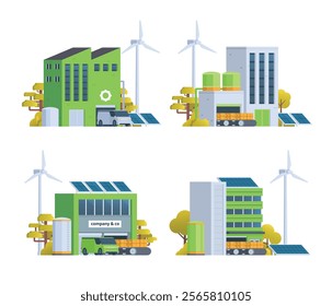 Sustainable Green Factory illustration. Vector bundle with Renewable Energy. Vector elements for city and industry illustration