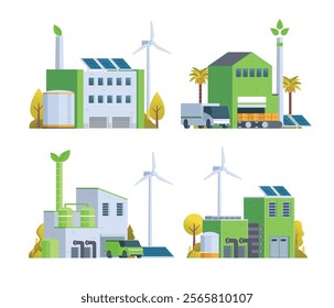 Sustainable Green Factory illustration. Vector bundle with Renewable Energy. Vector elements for city and industry illustration