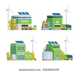 Sustainable Green Factory illustration. Vector bundle with Renewable Energy. Vector elements for city and industry illustration