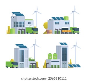 Sustainable Green Factory illustration. Vector bundle with Renewable Energy. Vector elements for city and industry illustration