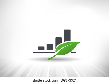 Sustainable Green Growth Icon. Concept showing rising bar chart with green leaf. Background and graph layered for easy customization. Fully scalable vector illustration.