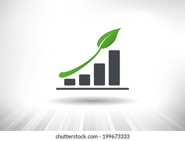 Sustainable Green Growth Icon. Concept showing rising bar chart with green leaf as arrow. Background and graph layered for easy customization. Fully scalable vector illustration.