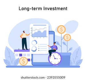 Concepto de crecimiento sostenible. Subrayando la importancia del tiempo para fomentar las inversiones para la seguridad financiera futura. Invertir en ingresos futuros. Ilustración vectorial plana