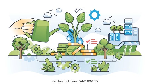 El crecimiento sostenible y el desarrollo de inversiones verdes esbozan el concepto de manos. Aumento de las ganancias financieras con la Ilustración vectorial del uso de recursos ambientales y renovables. Financiación del mercado ASG.