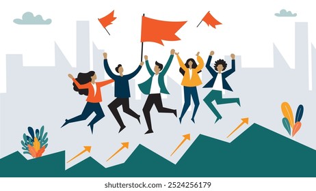 Sustainable growth, long term success or growing business with winning strategy, improvement or steps to team success, productivity concept, business people employee step up sustained growth arrow.