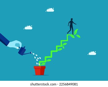 Sustainable growth. man on the top of the tree ladder. Finance and investment concept. vector illustration
