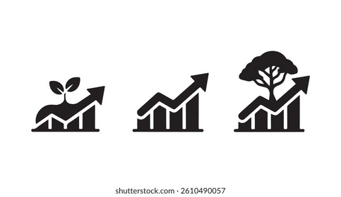 Sustainable Growth: Three icons depicting upward trends in business and nature.