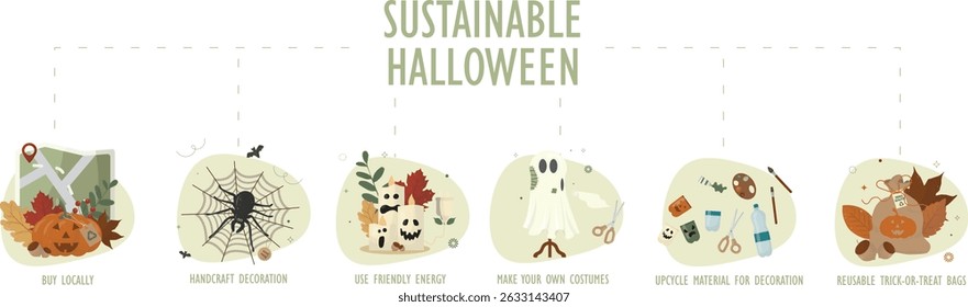 Sustainable Halloween Complete Guide Six Eco Tips isolated on transparent background. Sustainable Halloween infographic. Flat style. Eco-friendly halloween concept. Green halloween.Vector illustration