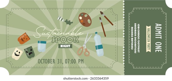 Modelo de Bilhete de Admissão Noturno de Artesanato de Halloween Sustentável. Green eco-friendly Halloween spook bilhete noturno com suprimentos de artesanato DIY, festa sustentável e evento de outubro. Ilustração vetorial
