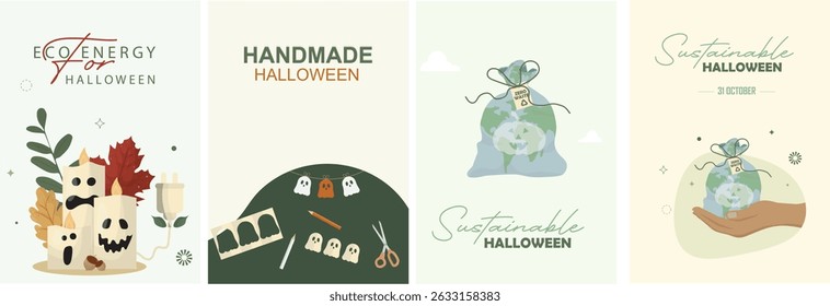 Sustainable Halloween design set featuring eco-energy messaging, handmade crafts, earth-themed decorations, and DIY Halloween elements. Flat style. Eco-conscious halloween. Vector illustration
