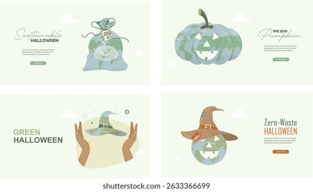 Sustainable Halloween Earth Globe Design Template Set. eco-friendly Halloween web designs. sustainable celebration themes. Eco-conscious Halloween banner collection. Flat style. Vector illustration