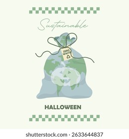 Sustainable Halloween With Earth Pumpkin Bag. eco-friendly card with zero waste bag. sustainable Halloween branding. Eco-friendly halloween concept. Flat style. Vector illustration