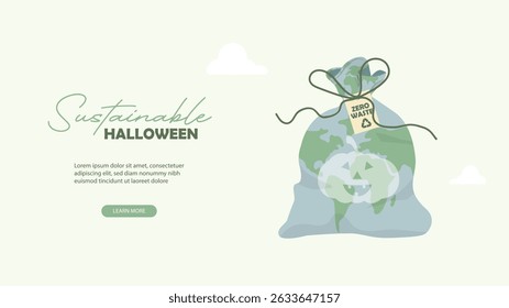 Sustainable Halloween Eco-Friendly Earth bag. zero waste bag with Earth-shaped pumpkin design promoting sustainable Halloween practices and environmental consciousness. Flat design.Vector illustration