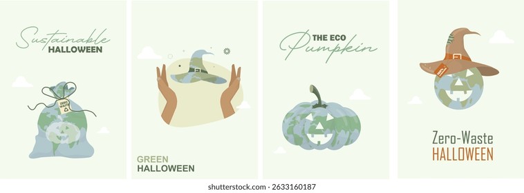 Sustainable Halloween Eco-Friendly Pumpkin Design Collection Set. eco-friendly Halloween design collection.  zero-waste celebration branding for sustainable events. Flat style. Vector illustration