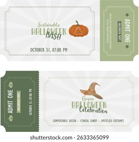 Sustainable Halloween Party Invitation Ticket Design Template. Eco-friendly Halloween celebration invitation tickets. Eco halloween ticket set. Sustainable halloween. Flat style. Vector illustration