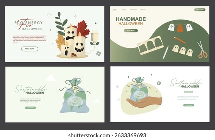 Sustainable Handmade Halloween Eco Energy Website Templates. Eco-friendly Halloween website templates. Eco-conscious halloween banner set. Eco halloween celebrations concept. Vector illustration