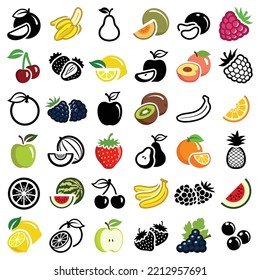 Sustainable healthy fruit icon collection - vector color and black and white outline illustration and silhouette illustration